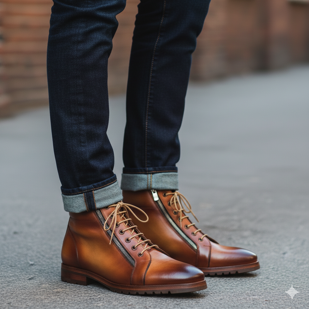 Men Custom Handmade Leather Side Zipper Ankle Boot Tan