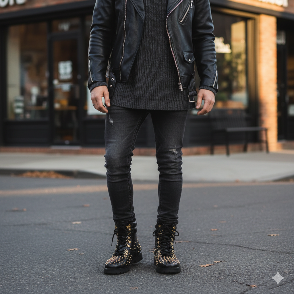 Croco Leather Studded Lace Up Biker Boots