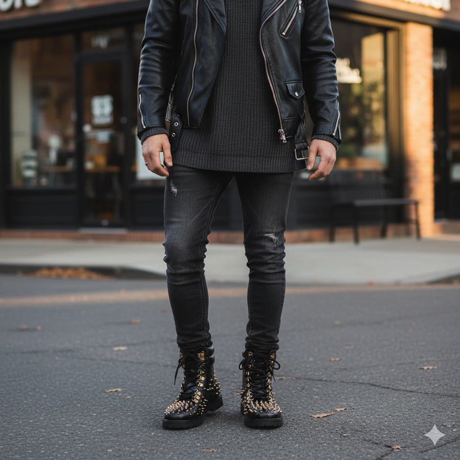 Croco Leather Studded Lace Up Biker Boots