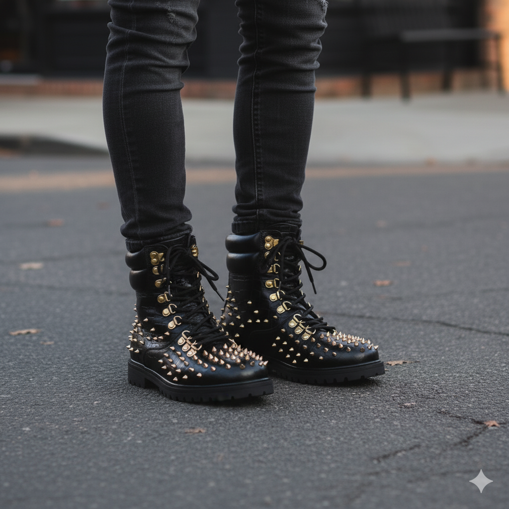 Croco Leather Studded Lace Up Biker Boots