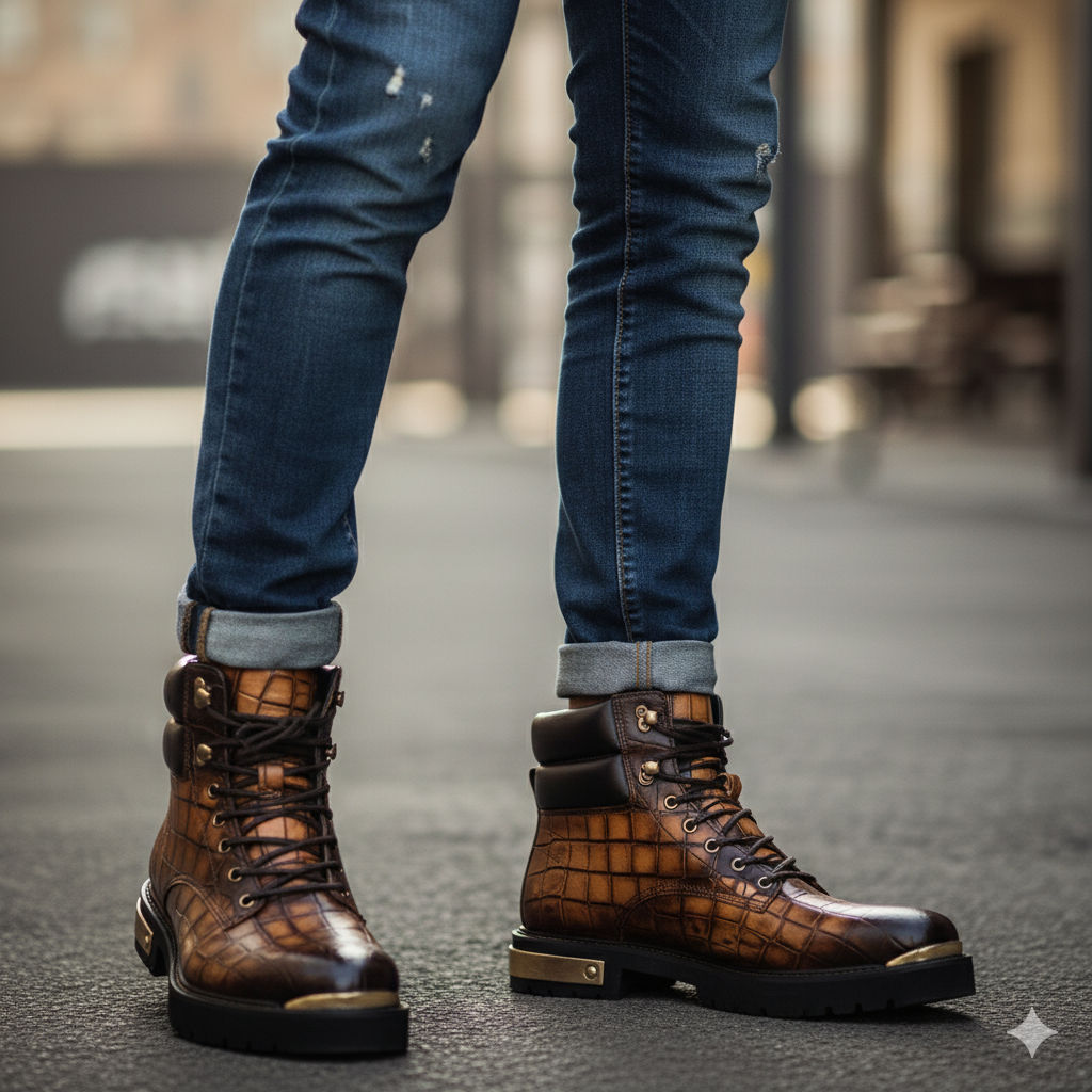 Croco Deep Cut Leather Lace UP Ankle Boot Tan
