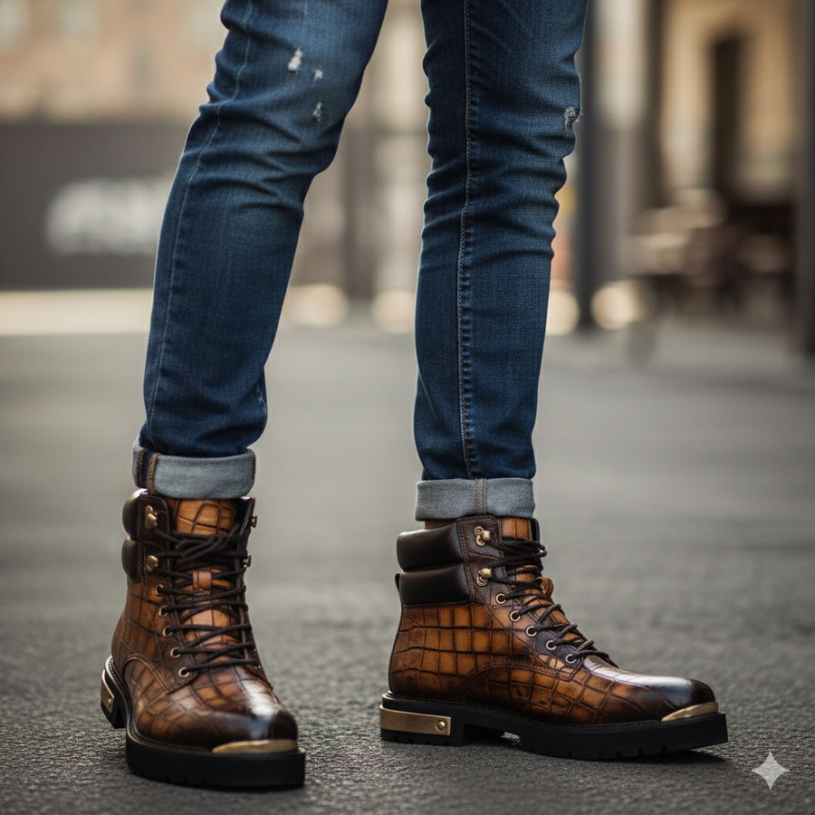 Croco Deep Cut Leather Lace UP Ankle Boot Tan