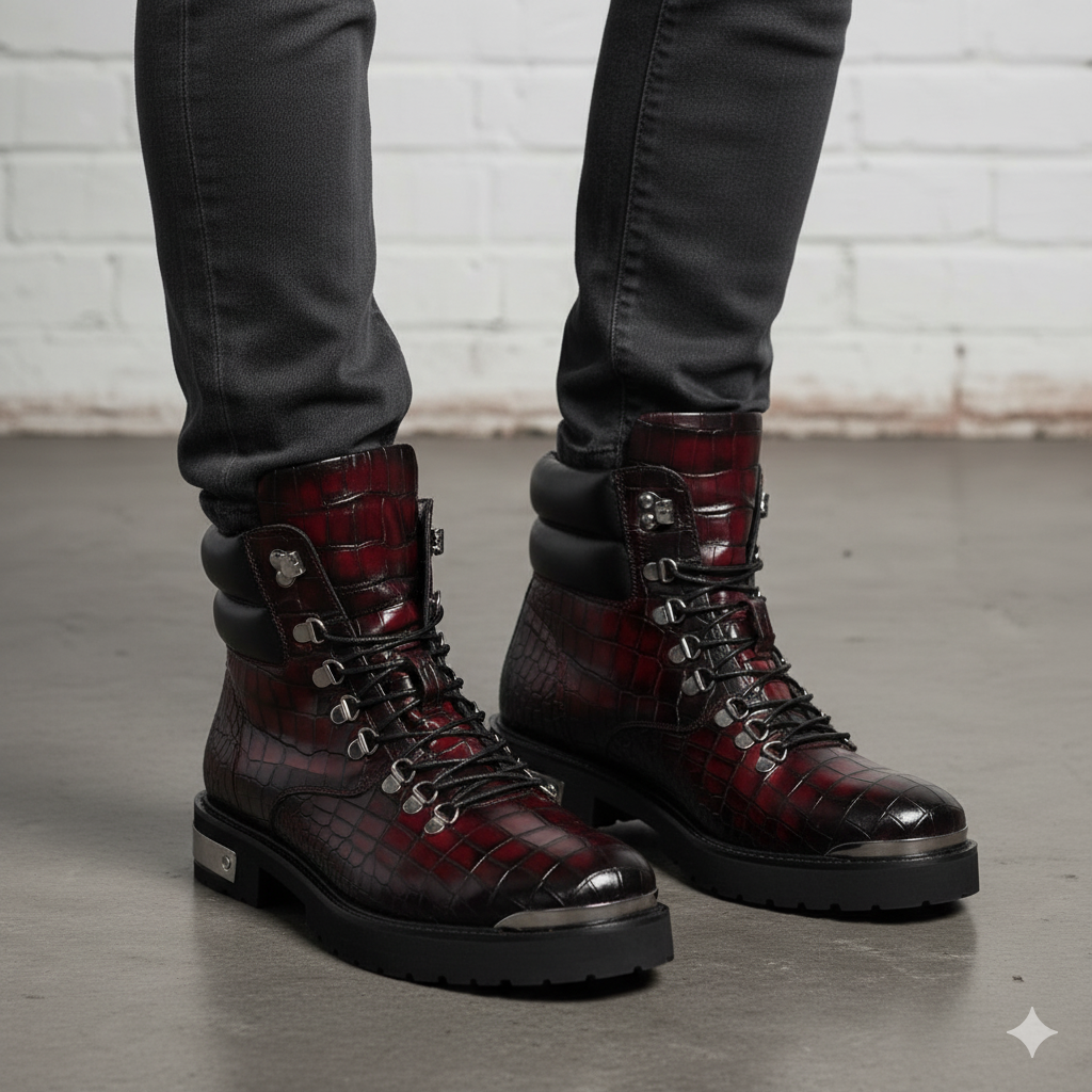 Croco Deep Cut Leather Lace UP Ankle Boot Burgundy
