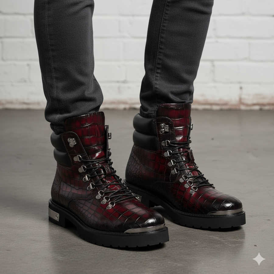 Croco Deep Cut Leather Lace UP Ankle Boot Burgundy