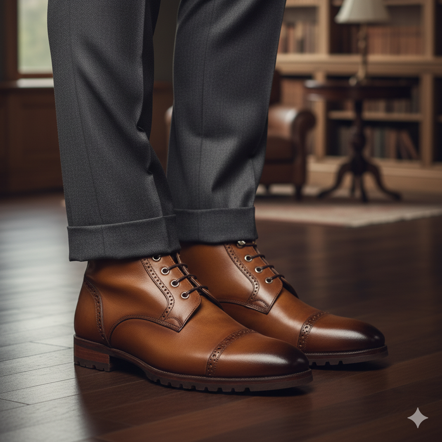 Leather Lace Up Cap Toe Boots For Men