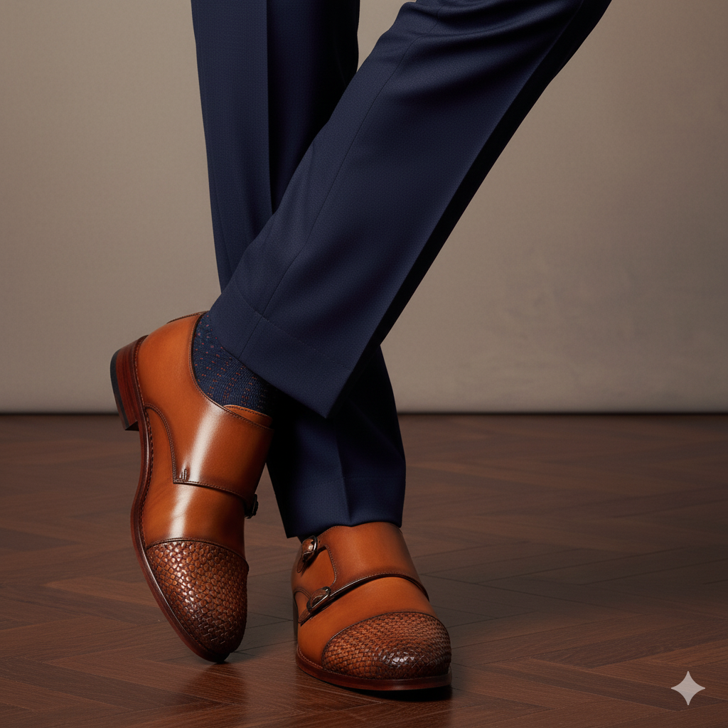 Double Monk Woven Leather Cap Toe Tan Shoe