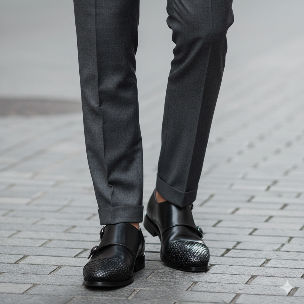 Double Monk Woven Leather Cap Toe Shoe
