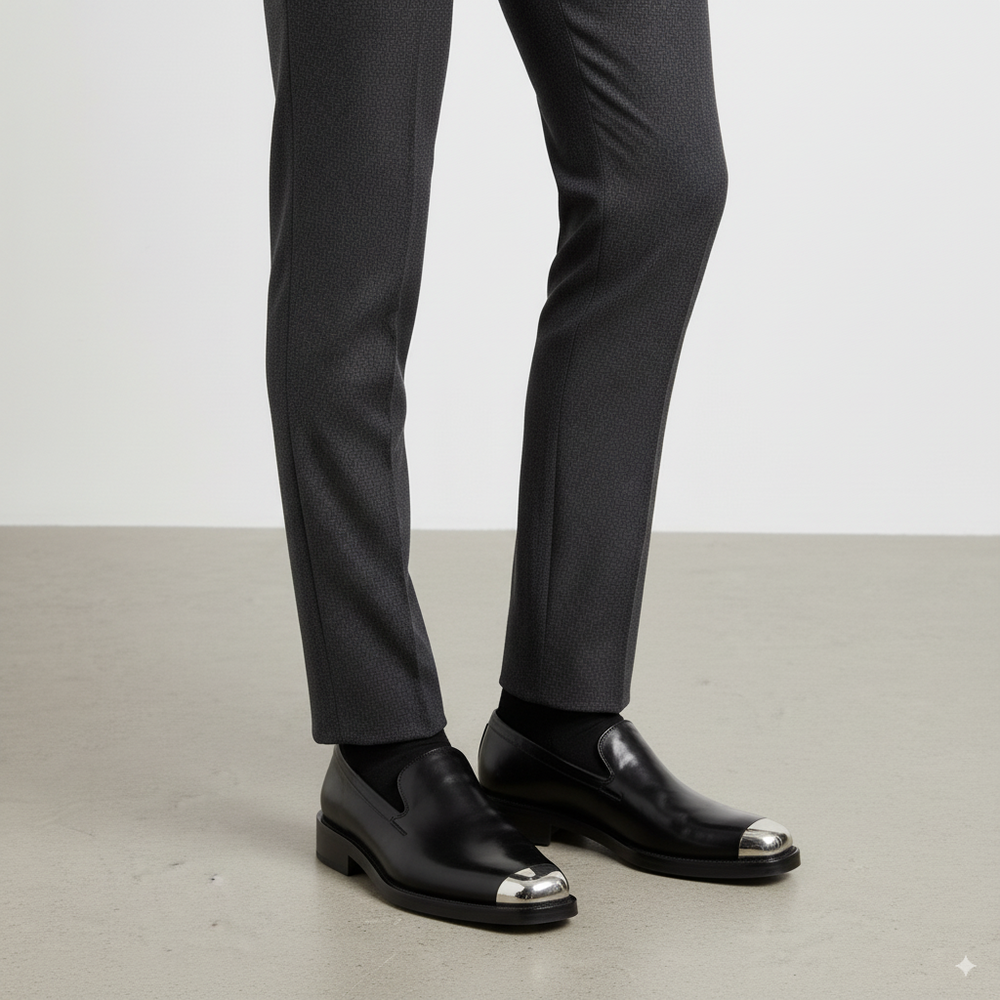 Men Silver Toe Solid Leather Loafers