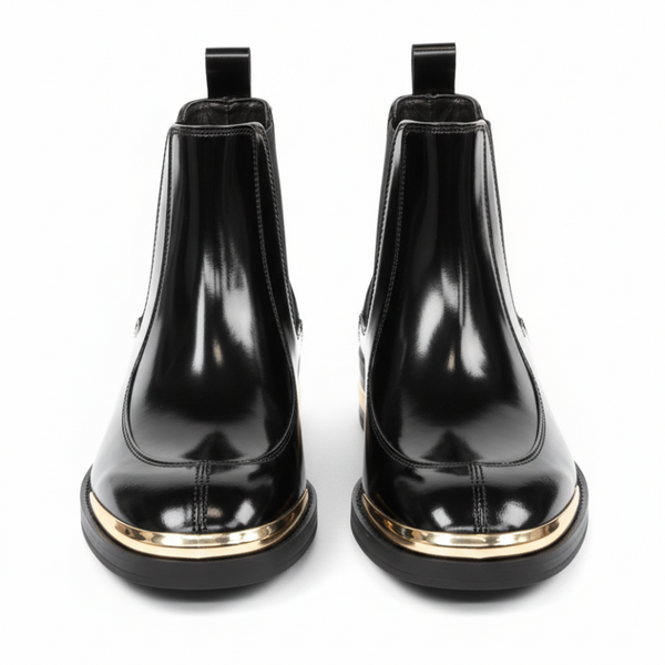 Italian Gloss Chelsea Ankle Boots with Gold Accent