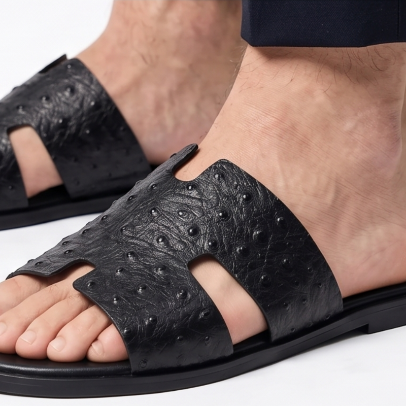 H Cut Ostrich Embossed Leather Slipper