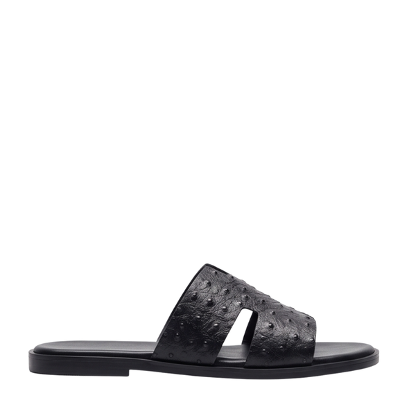 H Cut Ostrich Embossed Leather Slipper - Black