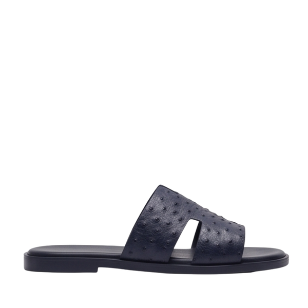 H Cut Ostrich Embossed Leather Slipper - Navy Blue