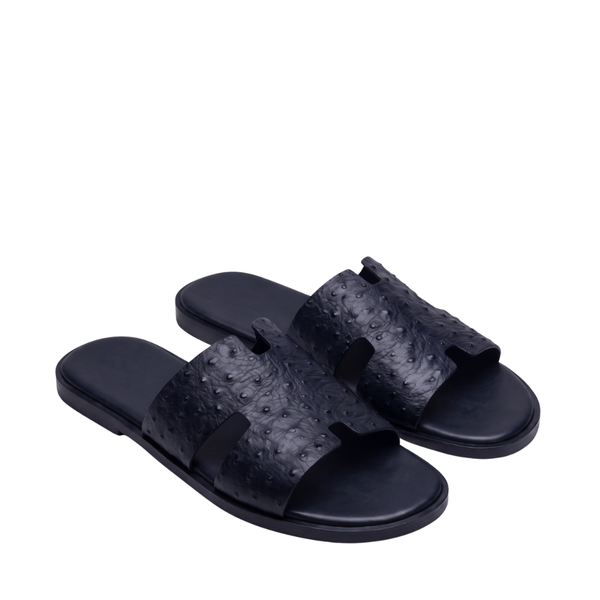 H Cut Ostrich Embossed Leather Slipper