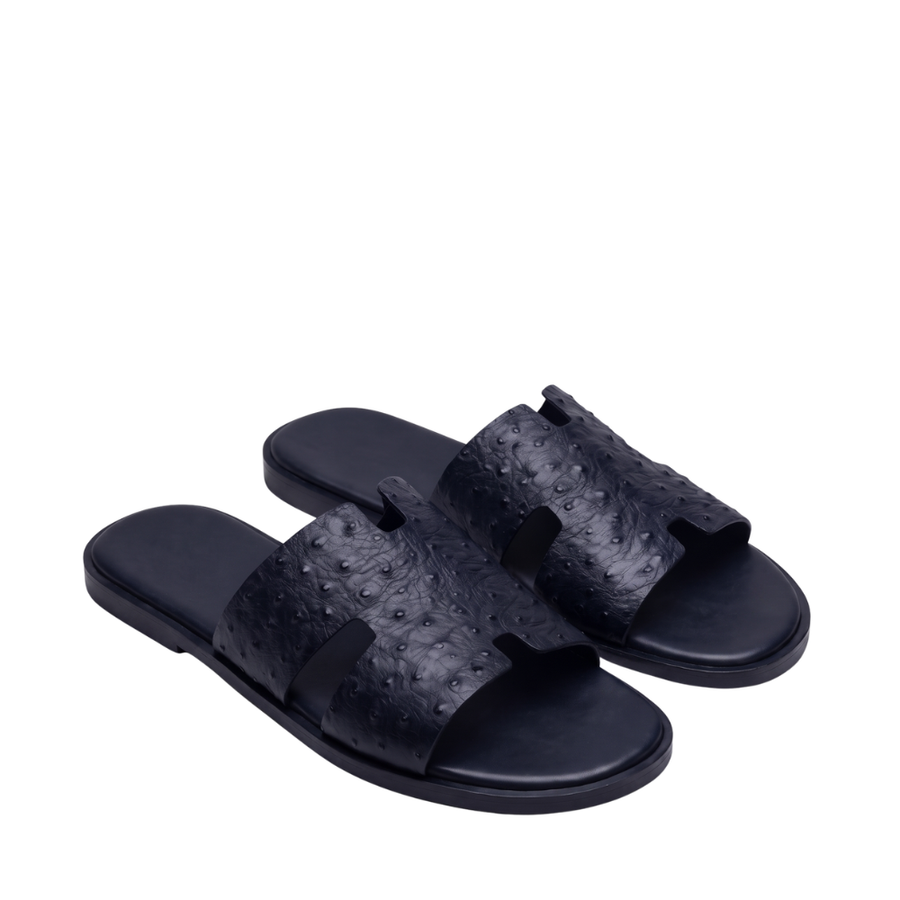 H Cut Ostrich Embossed Leather Slipper