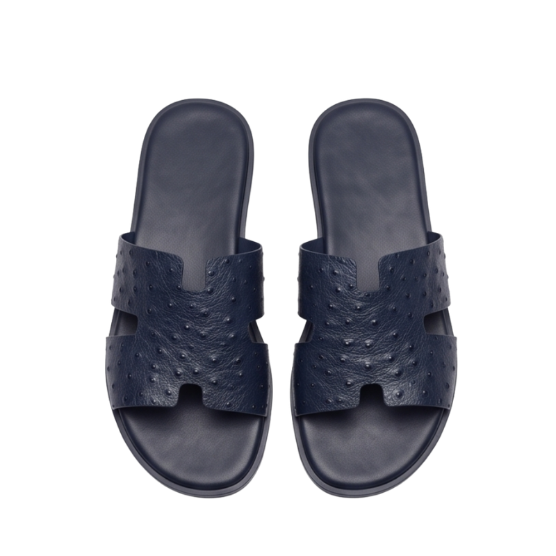 H Cut Ostrich Embossed Leather Slipper