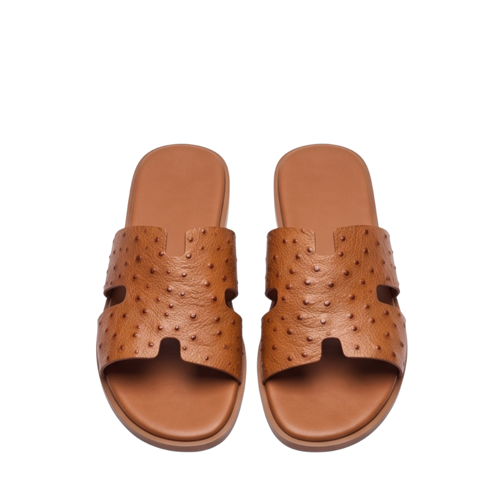 H Cut Ostrich Embossed Leather Slipper