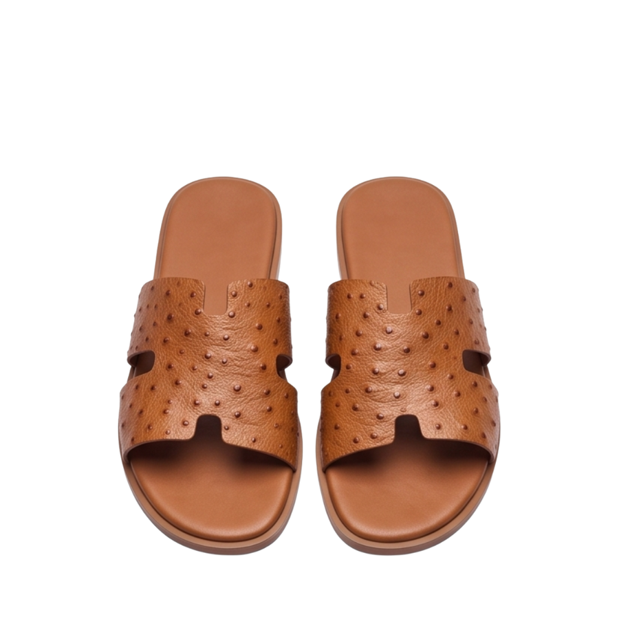 H Cut Ostrich Embossed Leather Slipper