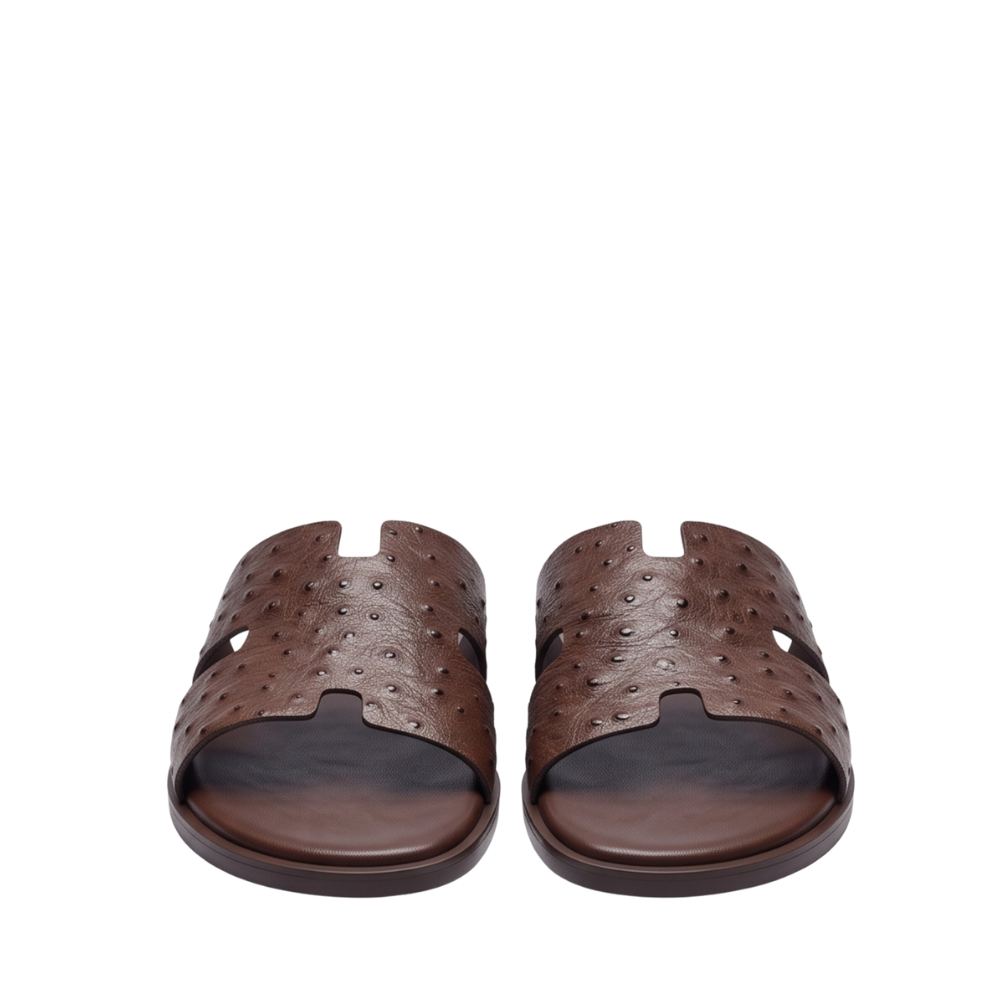 H Cut Ostrich Embossed Leather Slipper