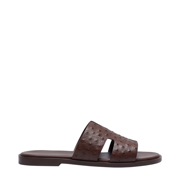 H Cut Ostrich Embossed Leather Slipper - Brown