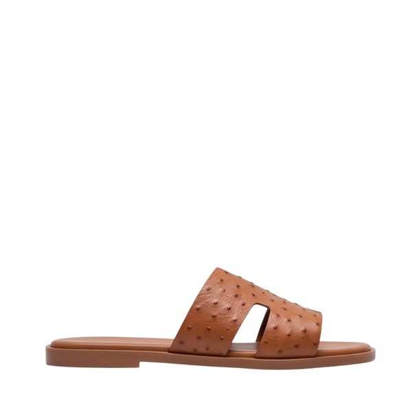 H Cut Ostrich Embossed Leather Slipper - Tan