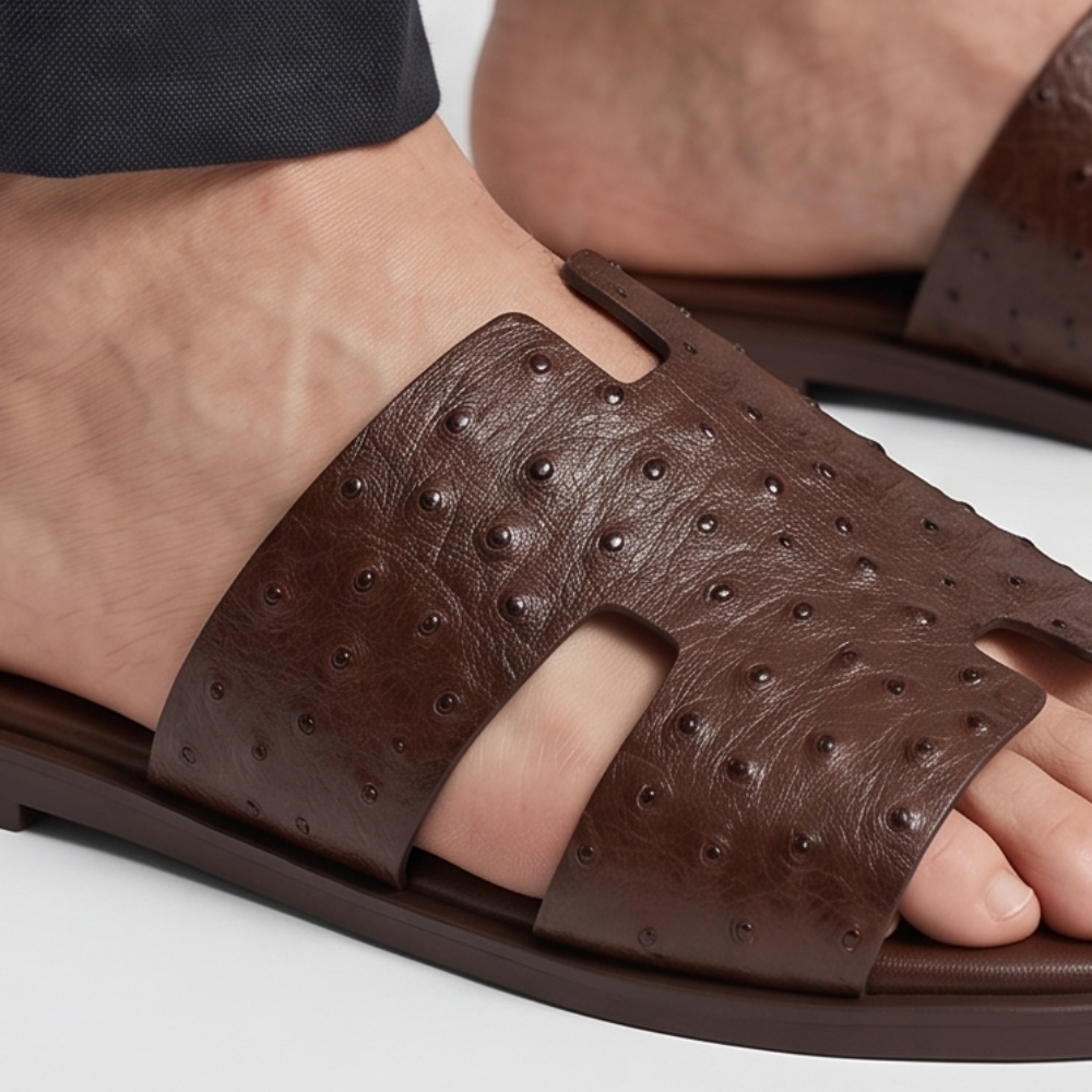 H Cut Ostrich Embossed Leather Slipper