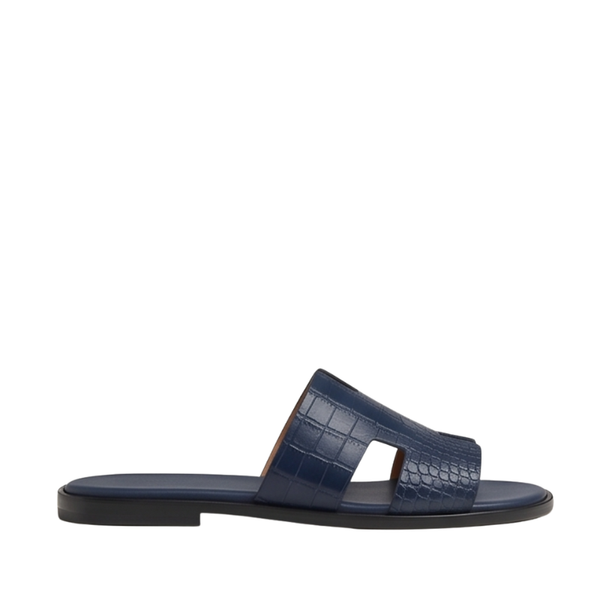 H Style Crocodile Embossed Leather Slipper - Navy Blue
