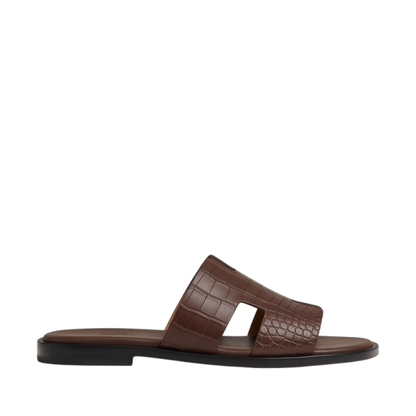 H Style Crocodile Embossed Leather Slipper - Brown