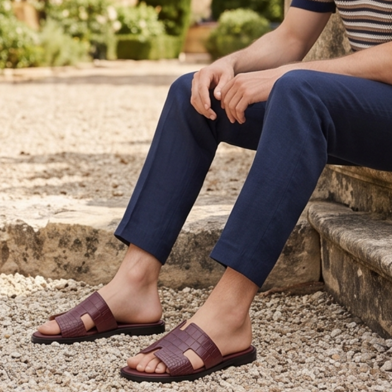 H Style Crocodile Embossed Leather Slipper