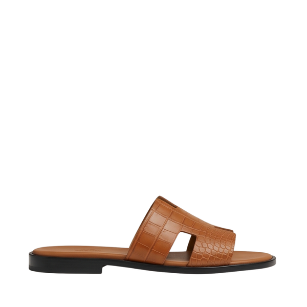 H Style Crocodile Embossed Leather Slipper - Tan