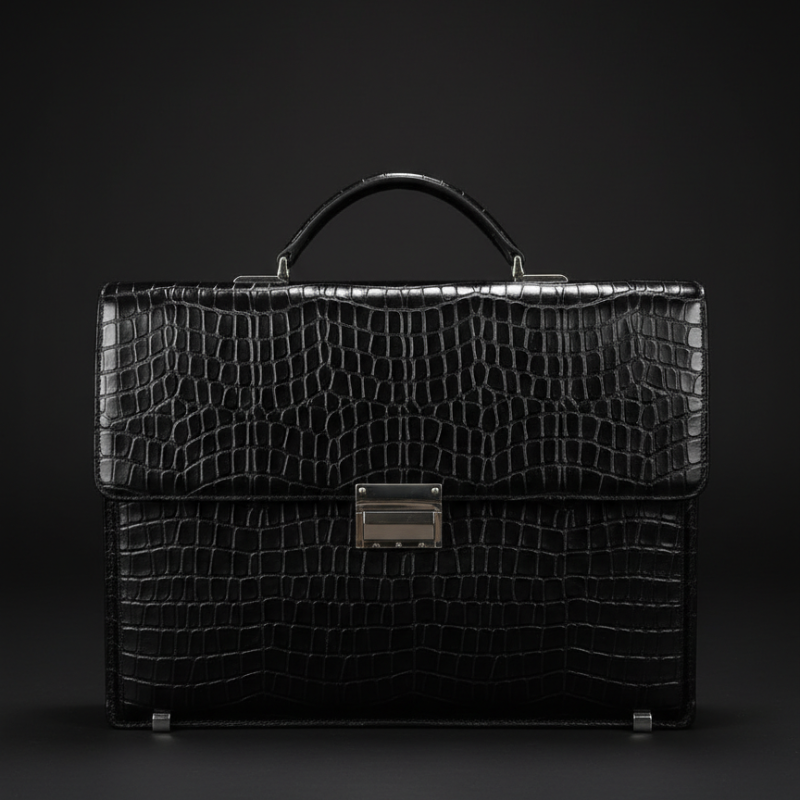 Noir Crocodile-Embossed Leather Briefcase