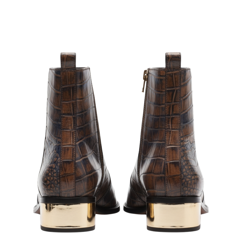 Dual-Tone Croc Embossed Ankle Boots with Gold Heel Accent