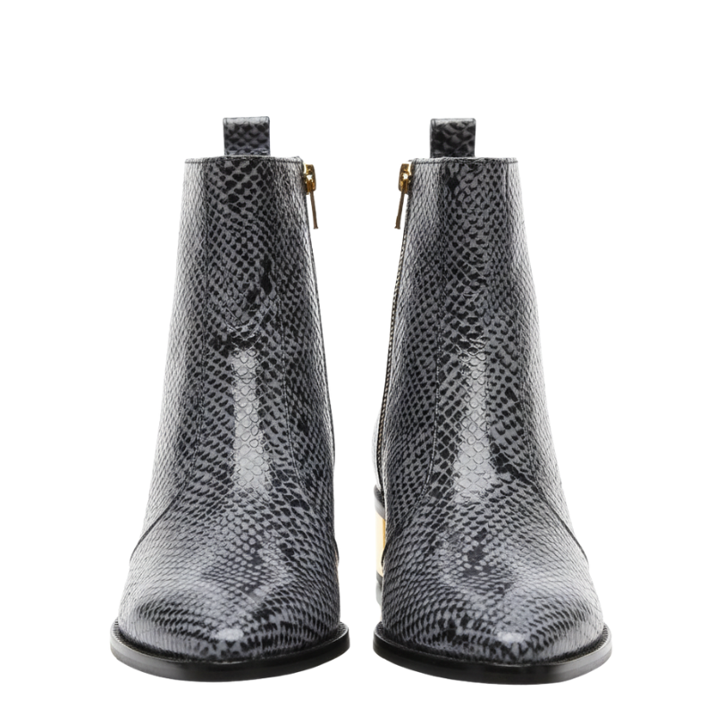 Snakeskin Textured Ankle Boots with Gold Heel Accent