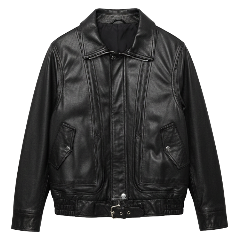 Snap Buckle Gloss Line Leather Jacket