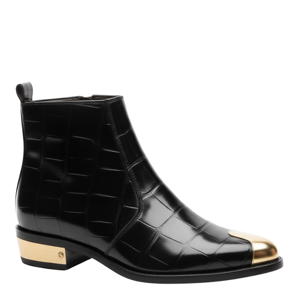 Crocodile Embossed with Golden Toe Zipper Boot - Black