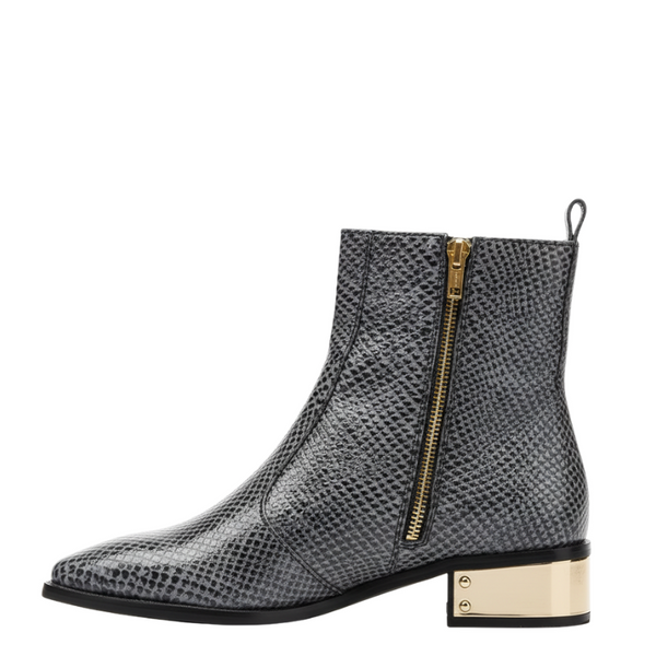 Snakeskin Textured Ankle Boots with Gold Heel Accent