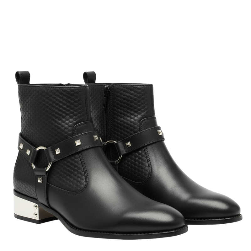 Luxury Noir Crest Studded Ankle Boots