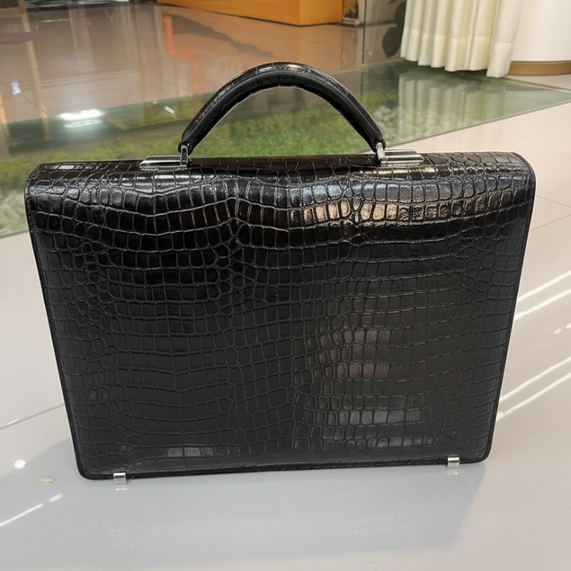 Noir Crocodile-Embossed Leather Briefcase