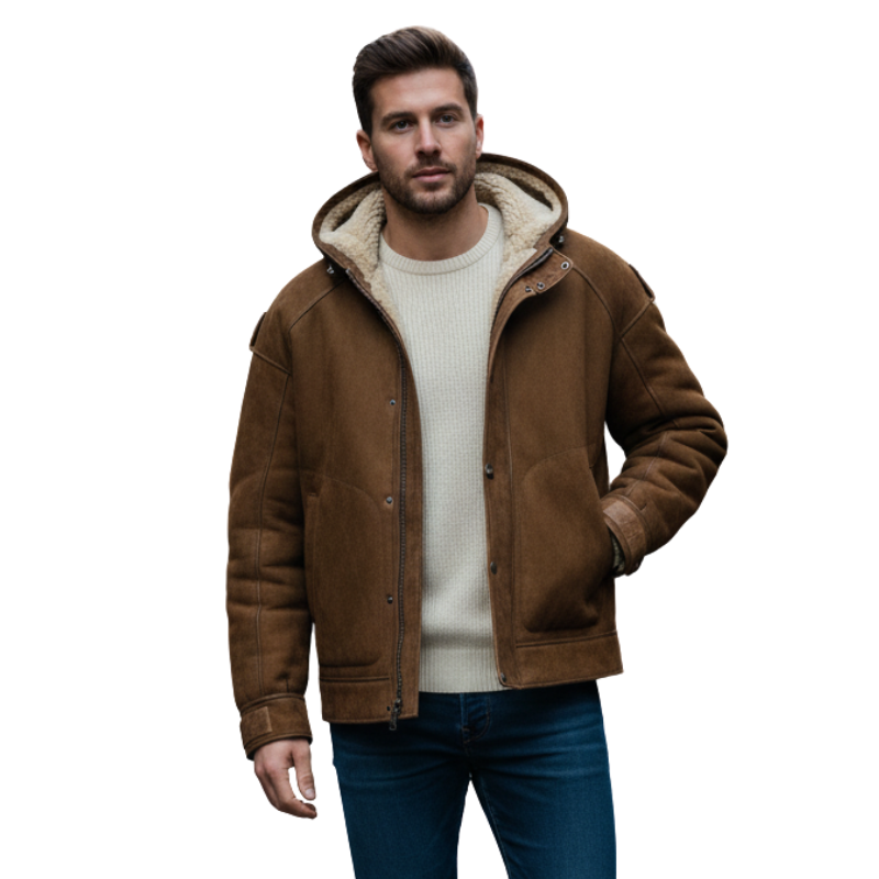 Hood Fleece Suede Warm Shearling Jacket