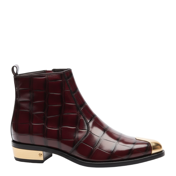 Crocodile Embossed with Golden Toe Zipper Boot - Burgundy