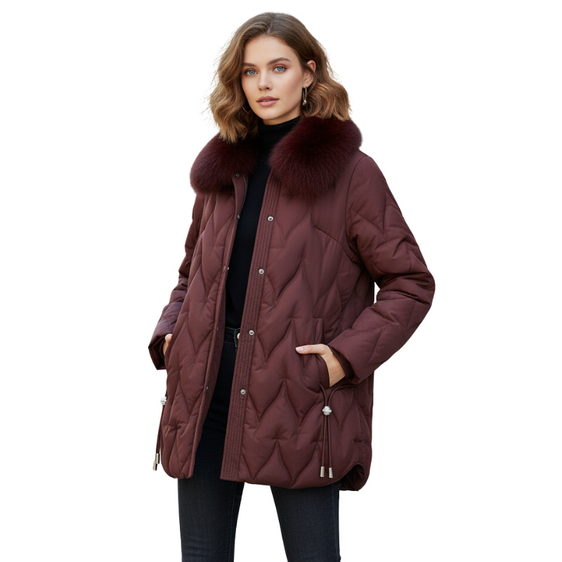 Luxe Leaf Quilted Coat with Pearl-Tipped Drawstrings