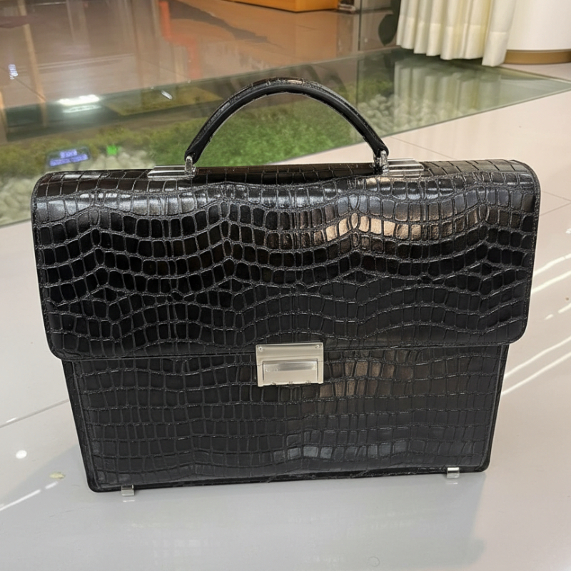 Noir Crocodile-Embossed Leather Briefcase