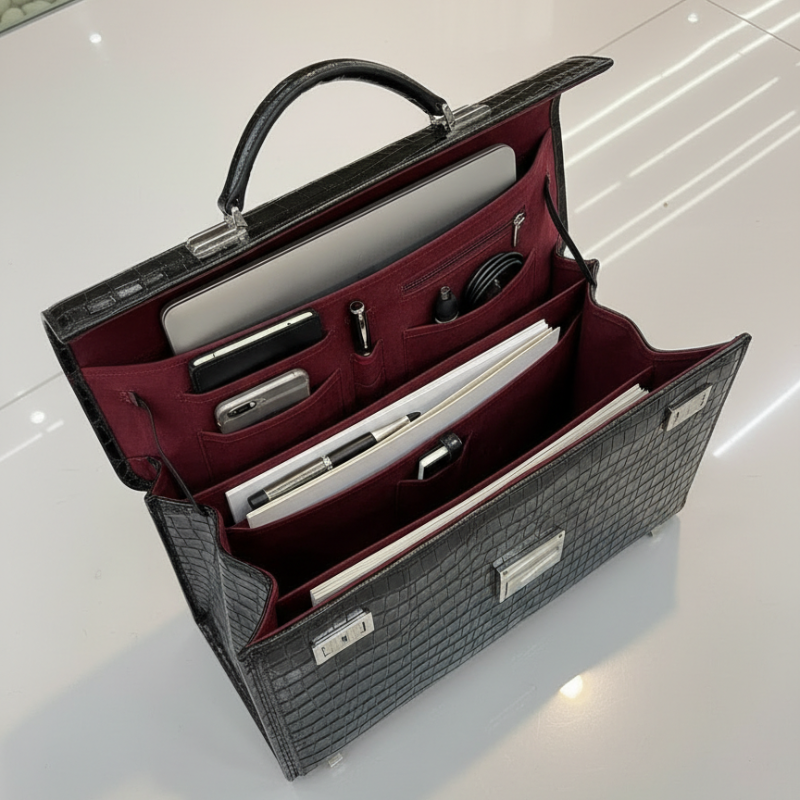 Noir Crocodile-Embossed Leather Briefcase
