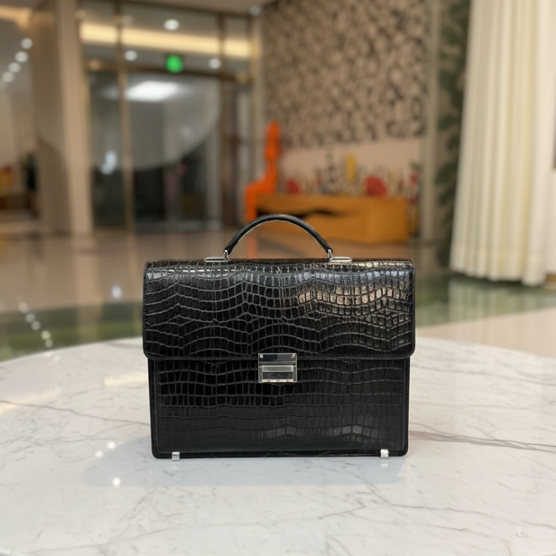 Noir Crocodile-Embossed Leather Briefcase