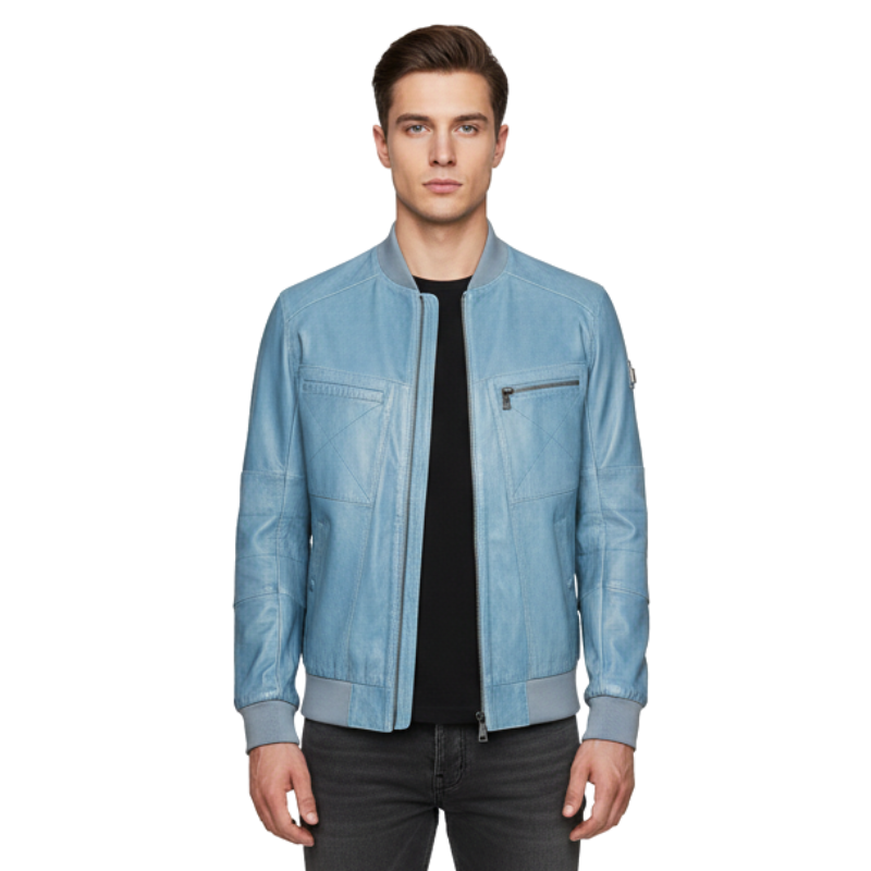 Arctic Sky Luxe Leather Bomber Jacket