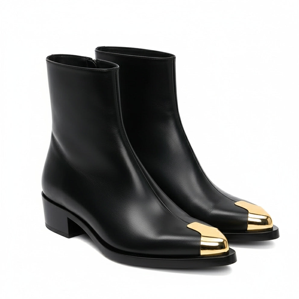 Punk Leather Boots Golden Toe Black