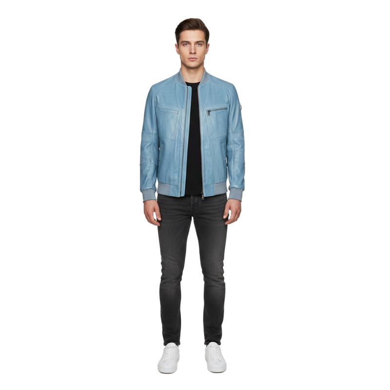 Arctic Sky Luxe Leather Bomber Jacket