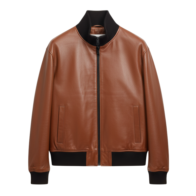 Cognac Leather Classic Bomber Jacket