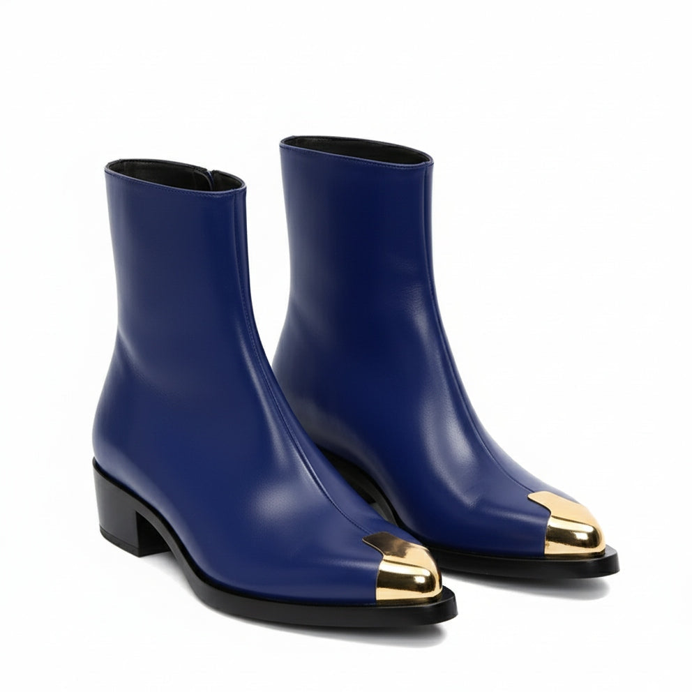 Punk Leather Boots Golden Toe Black