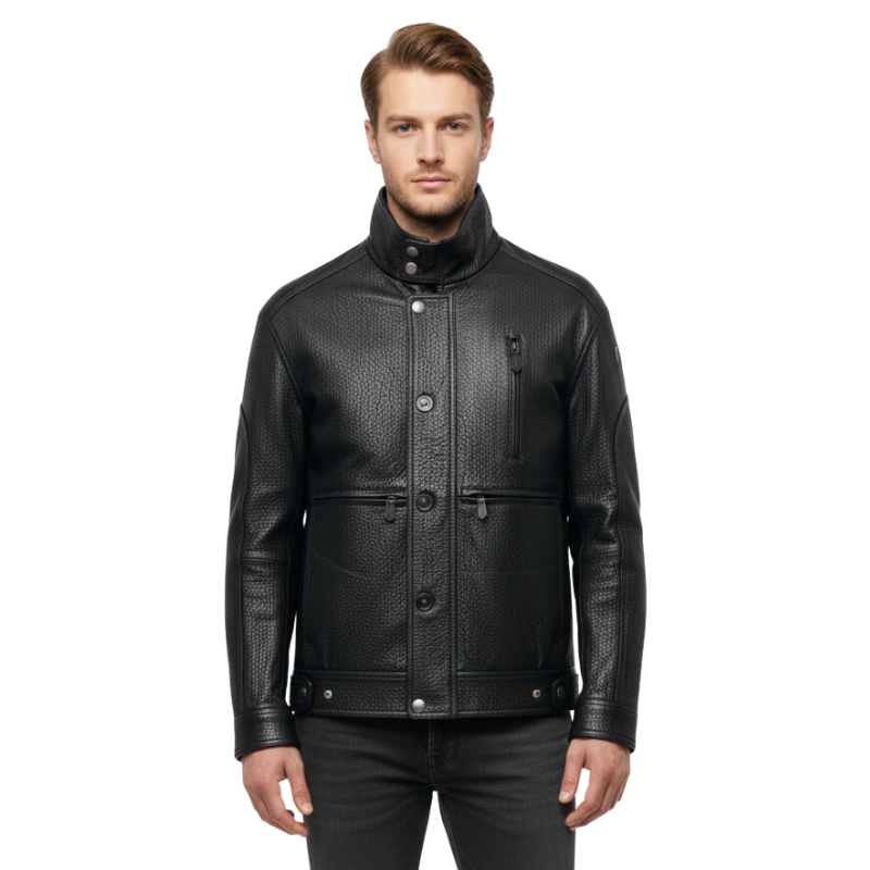 Obsidian High-Neck Pebbled Leather Jacket