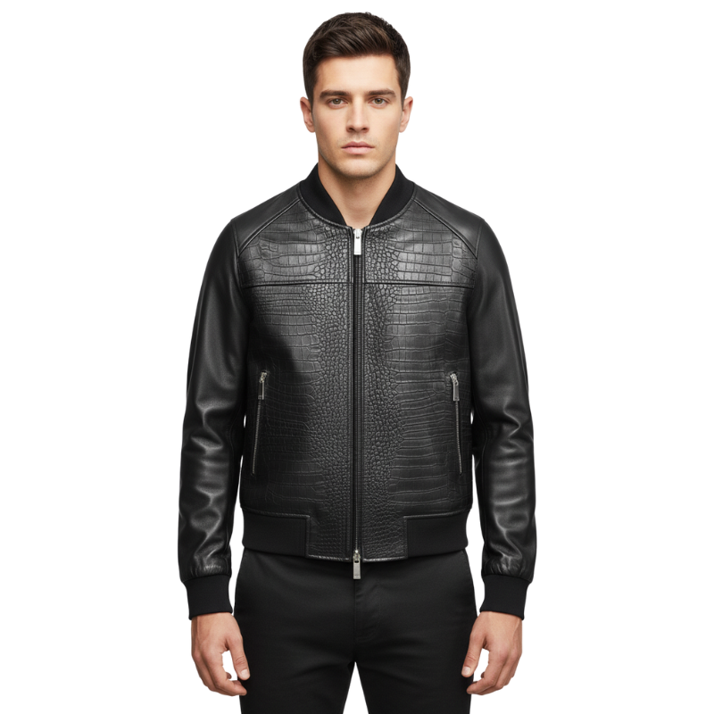 Croc-Textured Luxe Leather Bomber Jacket